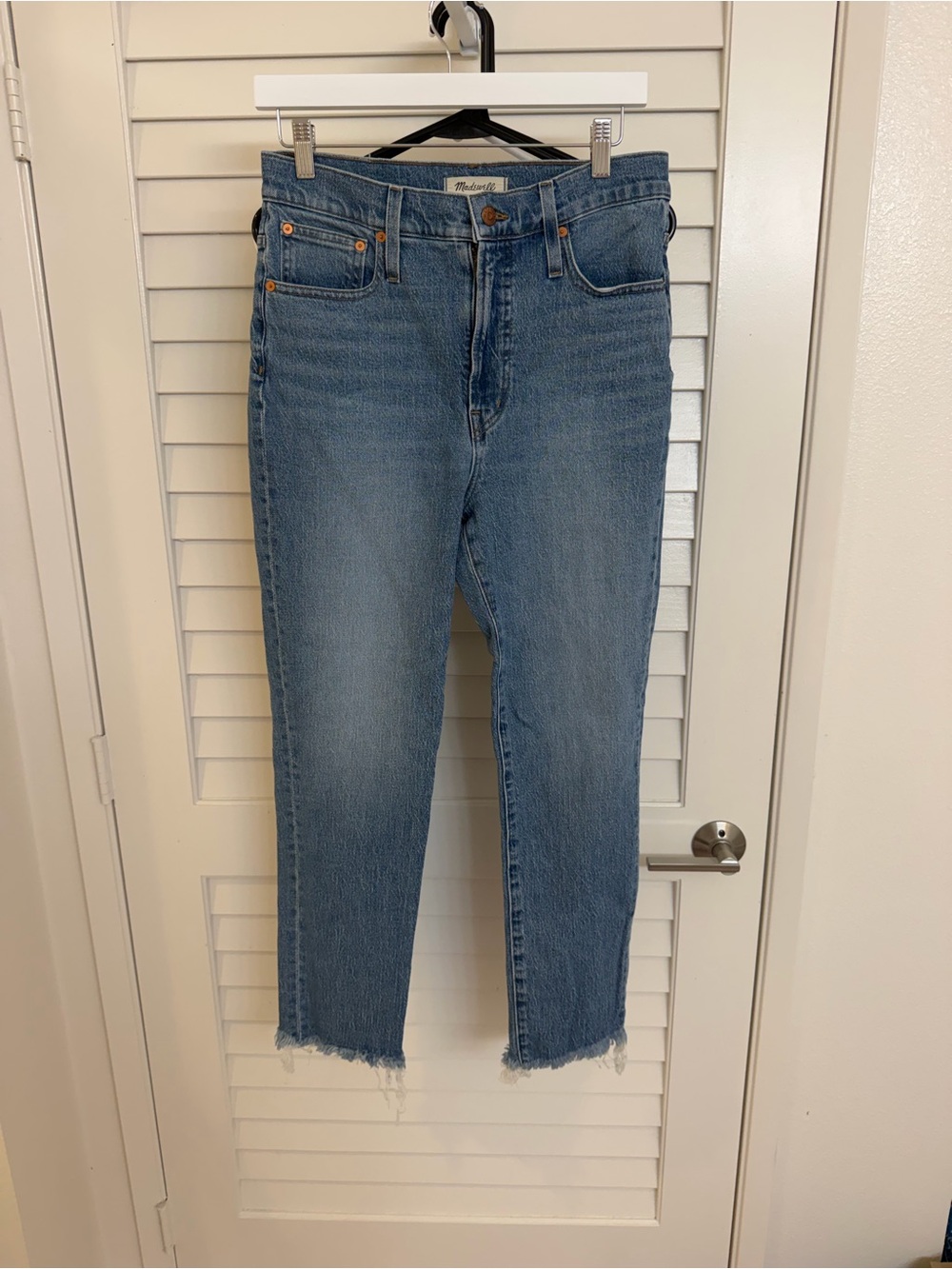 Madewell Light Blue Cropped Straight Jeans with Raw Hem